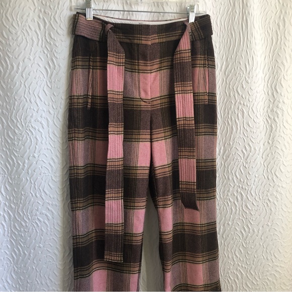 Aritzia Wilfred Soft Pink/Brown Plaid New Tie-Front Wool Cashmere Trouser Pant - Picture 5 of 15